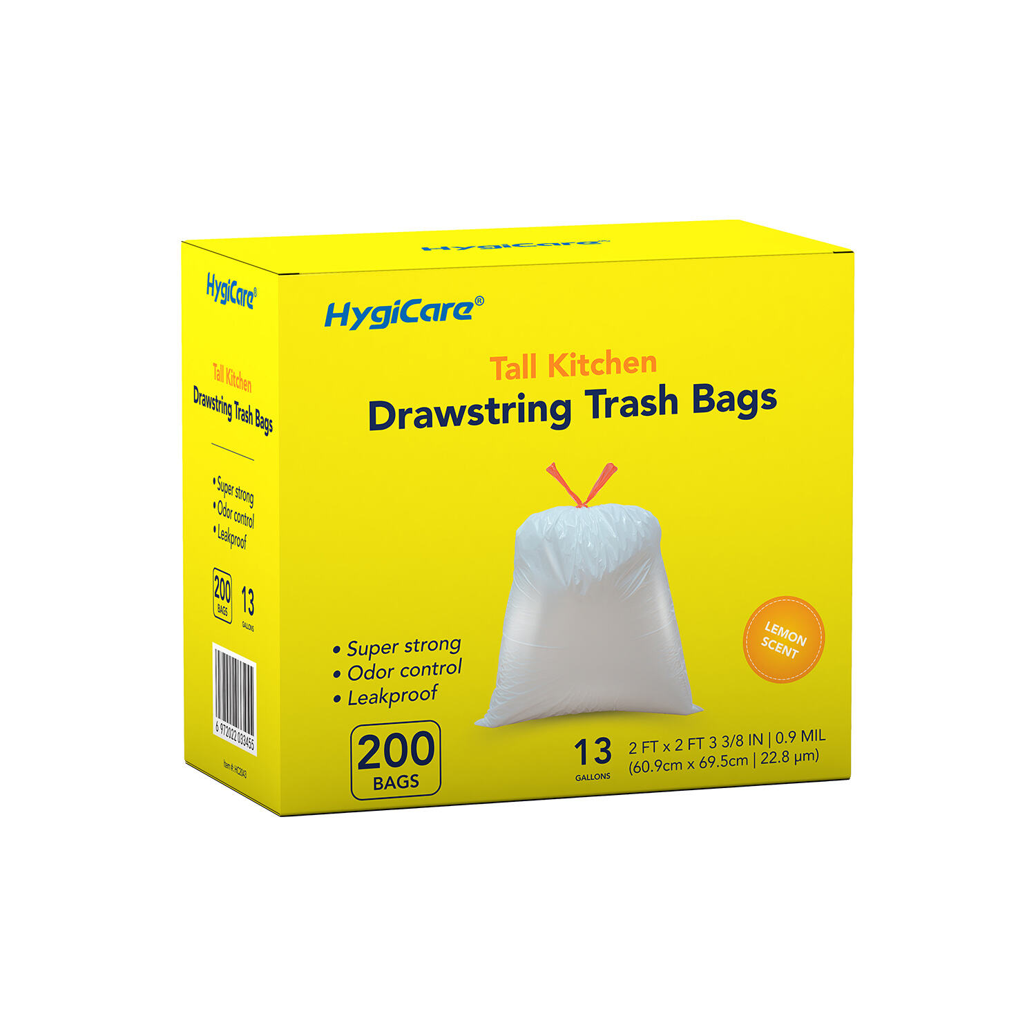 HygiCare 13 Gallon Tall Kitchen Drawstring Trash Bags, 200 Count, Lemon Scent, Super Strong, Leakproof