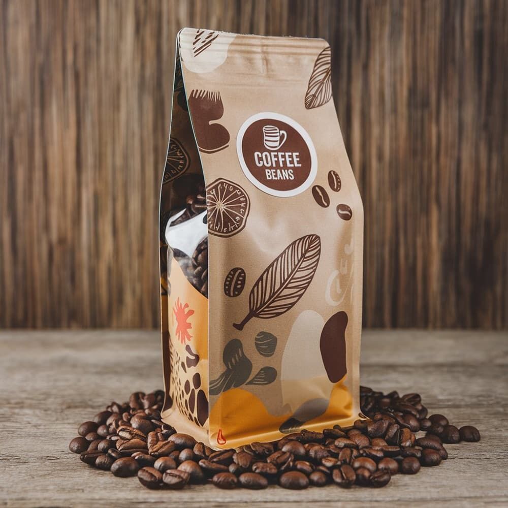 Specialtrykte 500g/1kg fladbundede kraftpapir kaffe-/teposer med ventil, lynlås og gennemsigtigt vindue.