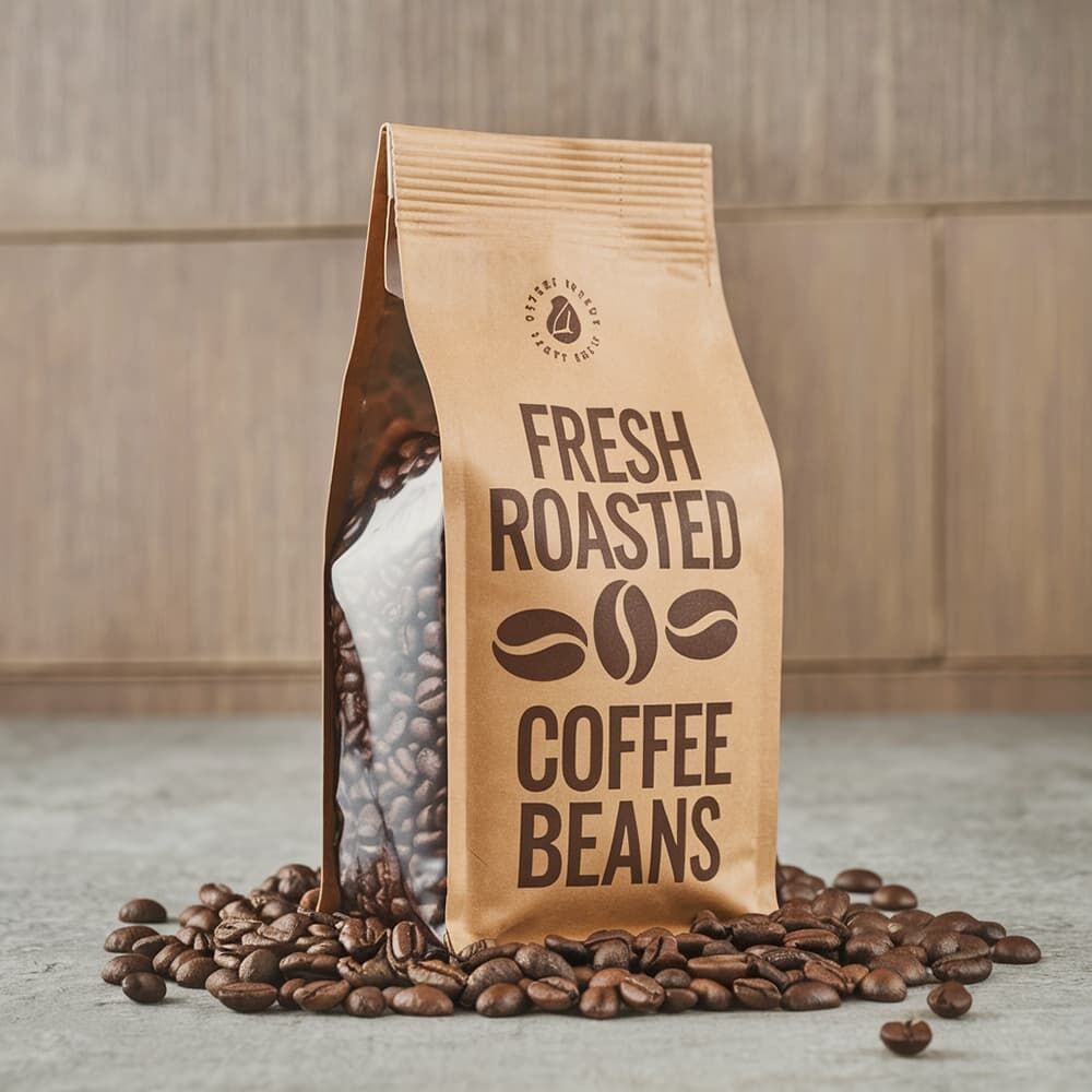 Sacs en papier kraft personnalisés de 500 g / 1 kg, à fond plat, avec valve, fermeture éclair et fenêtre transparente, pour café/thé