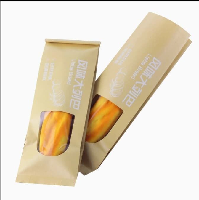 Sac en papier kraft personnalisé avec fenêtre longue, résistant à l'huile, emballage brun pour pâtisserie, alimentaire, restauration, impression de logo