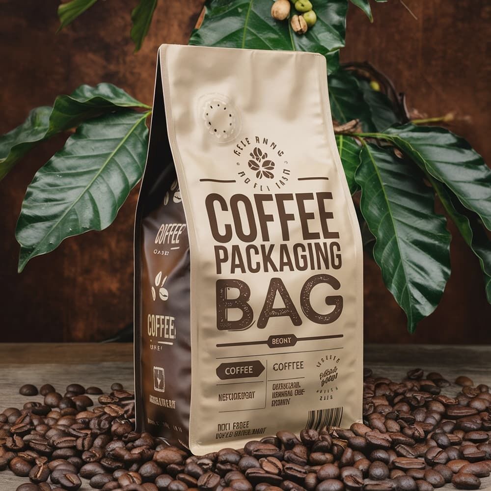 Specialtrykte 500g/1kg fladbundede kraftpapir kaffe-/teposer med ventil, lynlås og gennemsigtigt vindue.