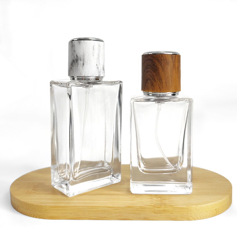 High grade wooden cover square thick bottom transparent 15ml wholesale unique empty fragrant water bottle