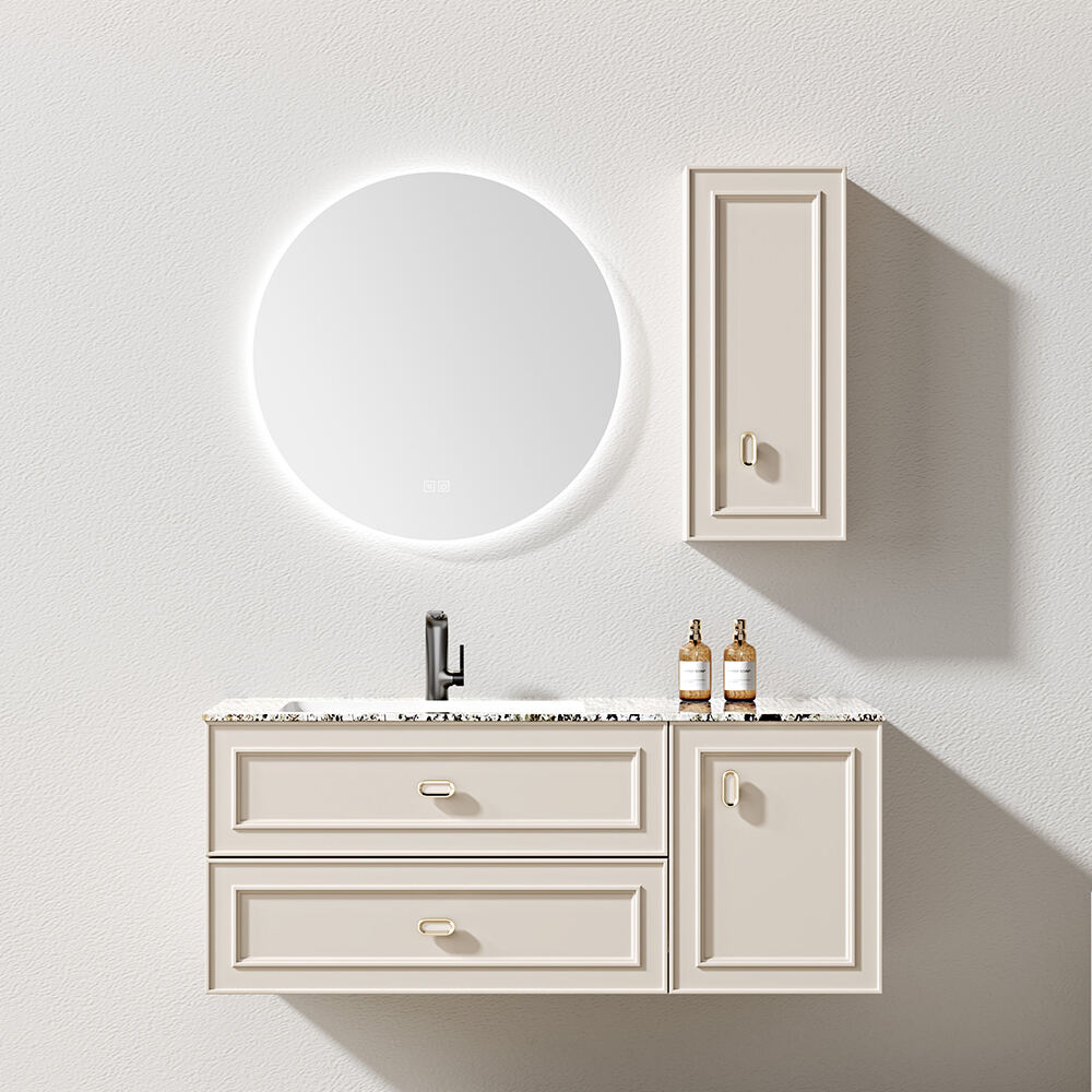 High Grade China Cabinet Manufacturer Wall Mounted Wooden Painting Long Bathroom Cabinets With Round Mirror