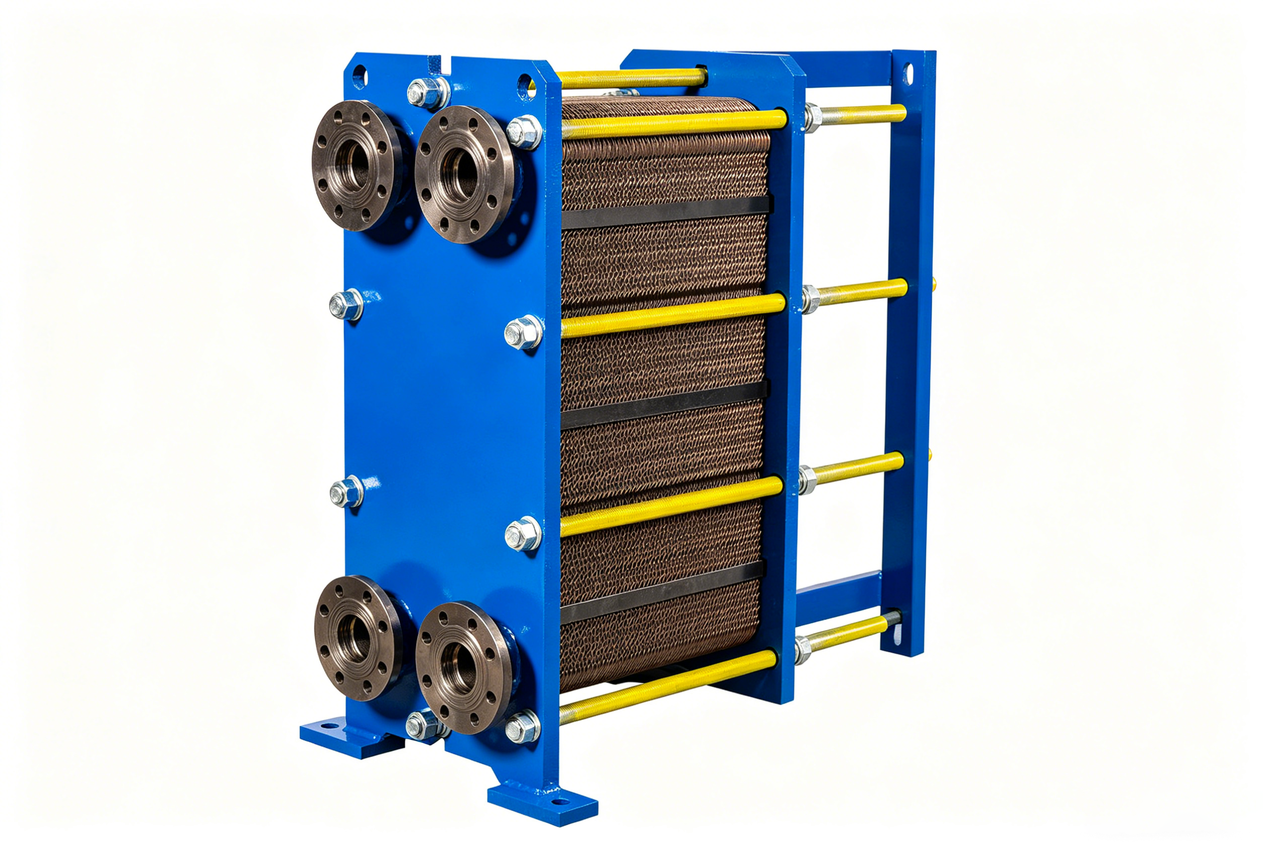 Exploded view of a gasketed plate heat exchanger showing stacked corrugated plates and flow channels