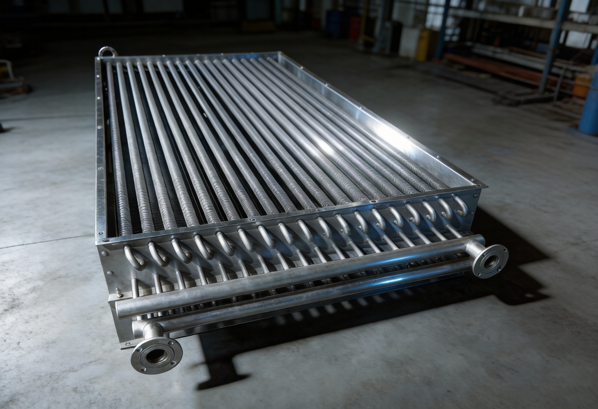 Cross-section of a finned tube heat exchanger with extended surface area for gas-to-liquid heat transfer