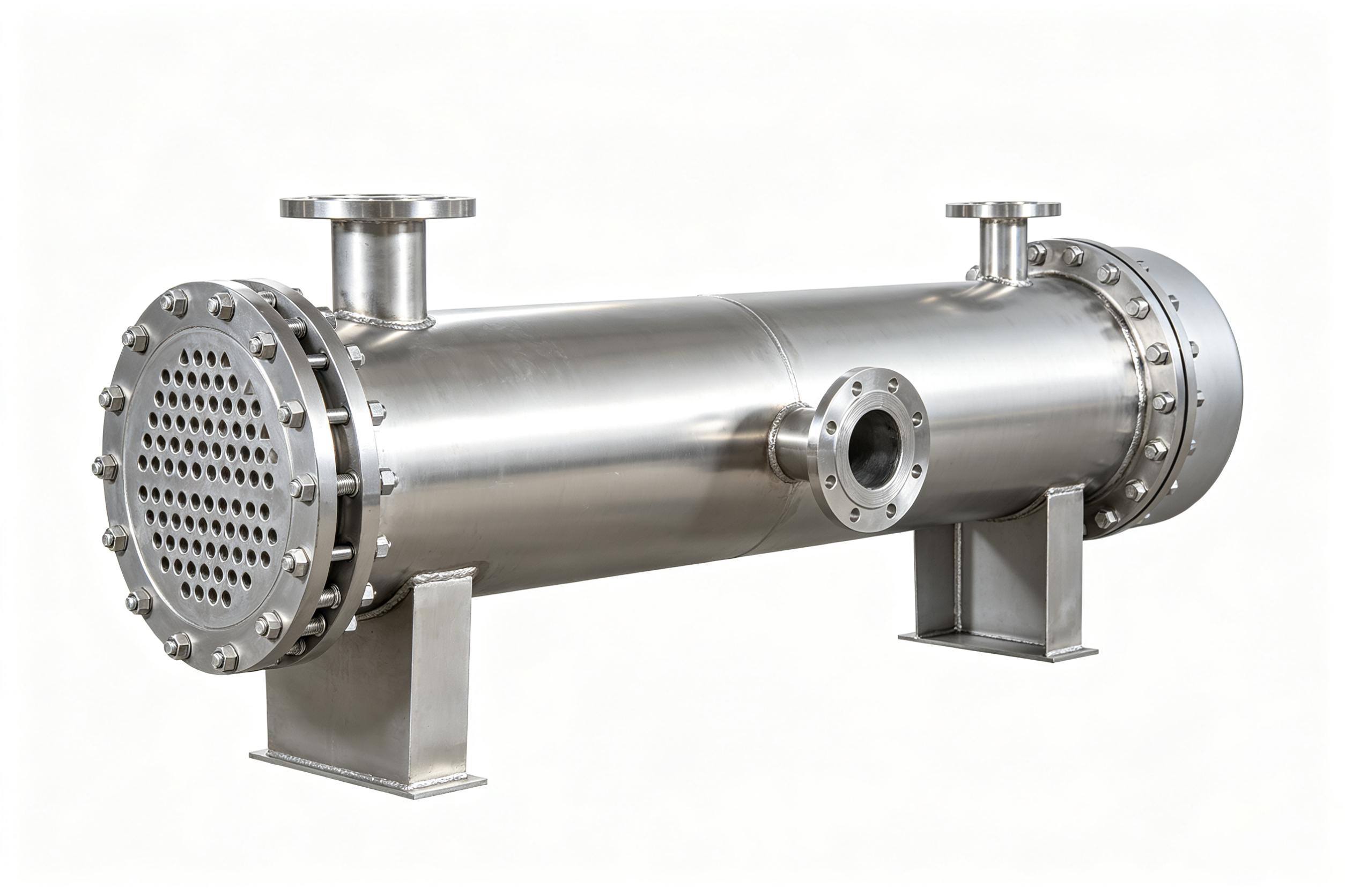 Diagram showing a typical shell and tube heat exchanger with tube bundle and shell-side baffles for chemical processes