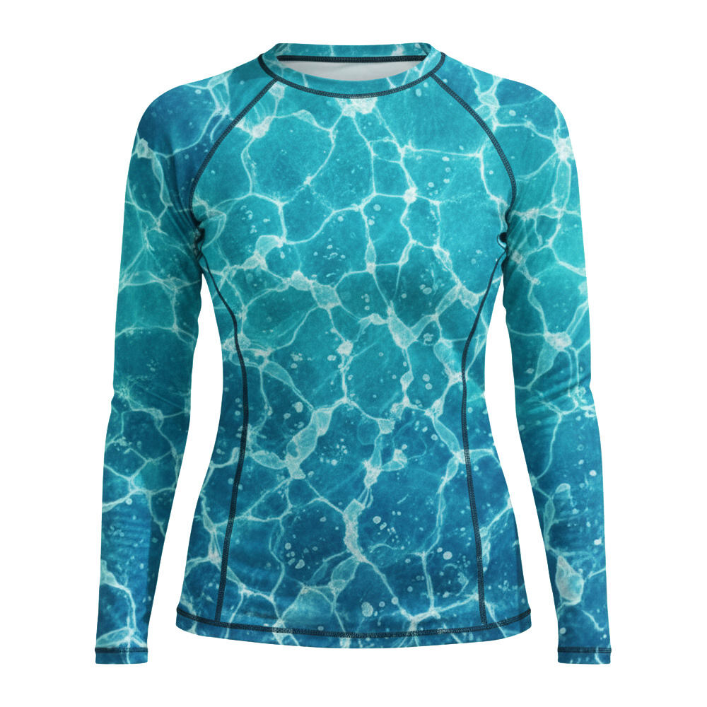 서브리메이션 프린트 여성용 래시가드, UPF 50+ 롱슬리브 래시가드, 맞춤 로고 가능, 자외선 차단 서프 수영복 탑