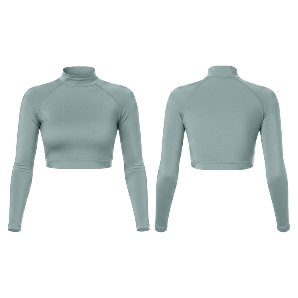 크롭 스타일 UPF 50 래시가드(여성용), 롱슬리브 크루넥, 플랫락 실밥 마감, 수영 래시가드, 맞춤 나일론/스판덱스 수영복 크롭 탑