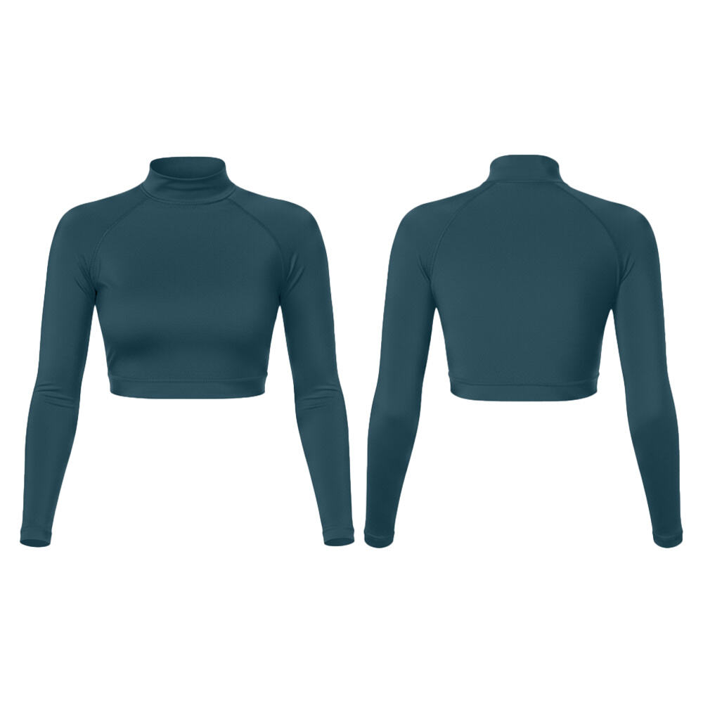 크롭 스타일 UPF 50 래시가드(여성용), 롱슬리브 크루넥, 플랫락 실밥 마감, 수영 래시가드, 맞춤 나일론/스판덱스 수영복 크롭 탑