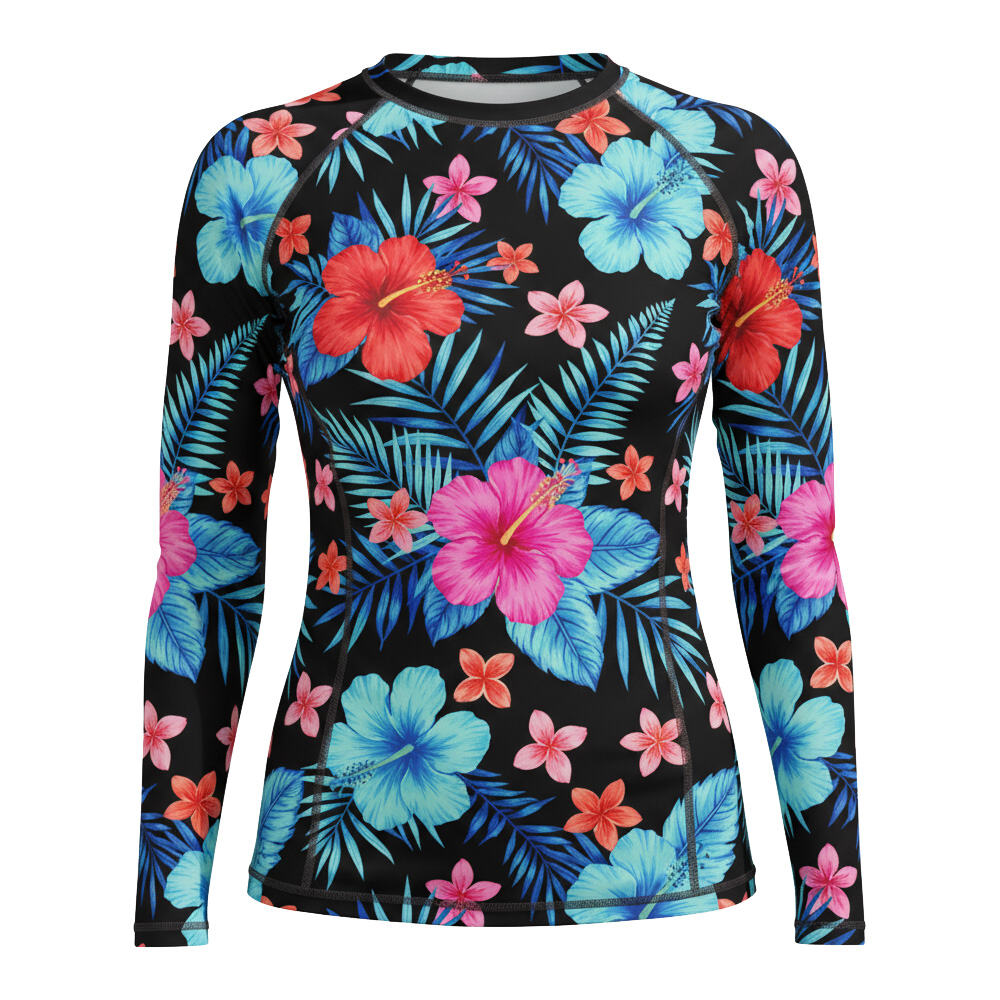 서브리메이션 프린트 여성용 래시가드, UPF 50+ 롱슬리브 래시가드, 맞춤 로고 가능, 자외선 차단 서프 수영복 탑