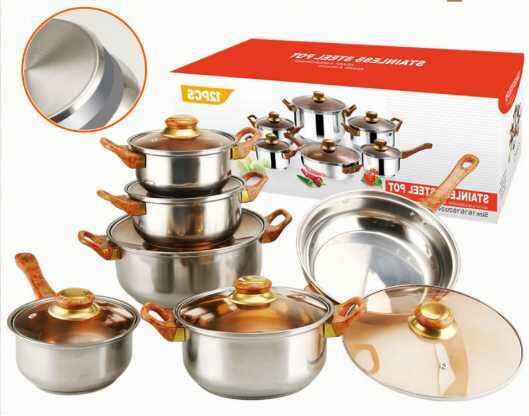 12pcs pot sets with golden wooden color handle and glass lid