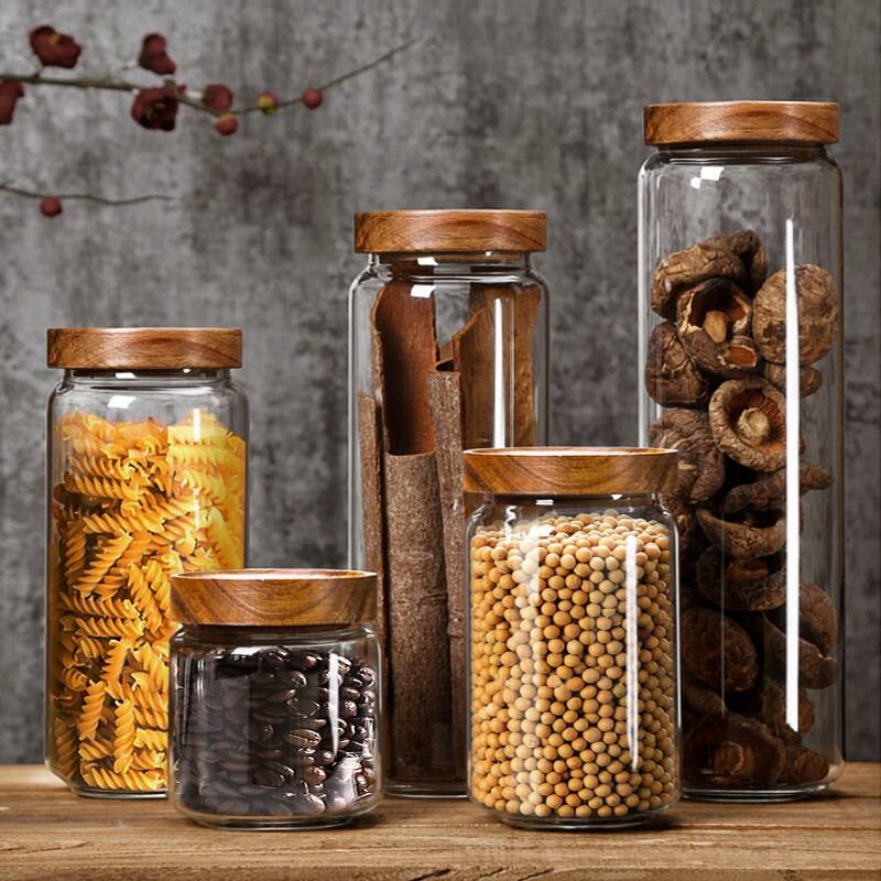Barattolo di vetro trasparente con coperchio in legno di acacia per contenitore alimentare da cucina per cereali integrali, chicchi di caffè, tè con logo personalizzabile