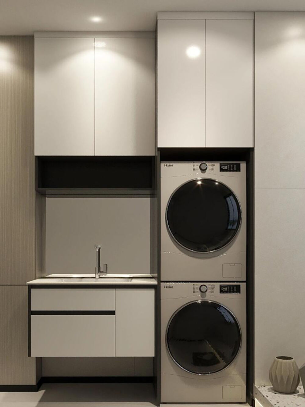 Modern Black and White Balcony Laundry Cabinet with Integrated Sink, Washing Machine Niche, and Ample Storage for a Tidy Balcony Space