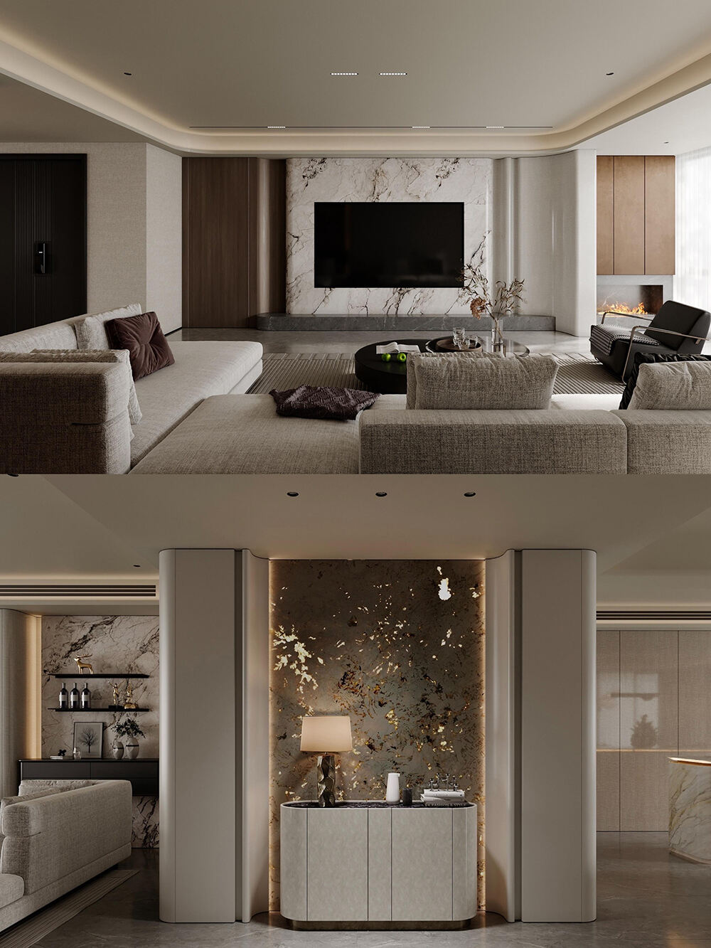 High - End Whole House Custom Furniture with Neutral Tones, Marble Accents, and Seamless Integration for a Luxurious Home Space