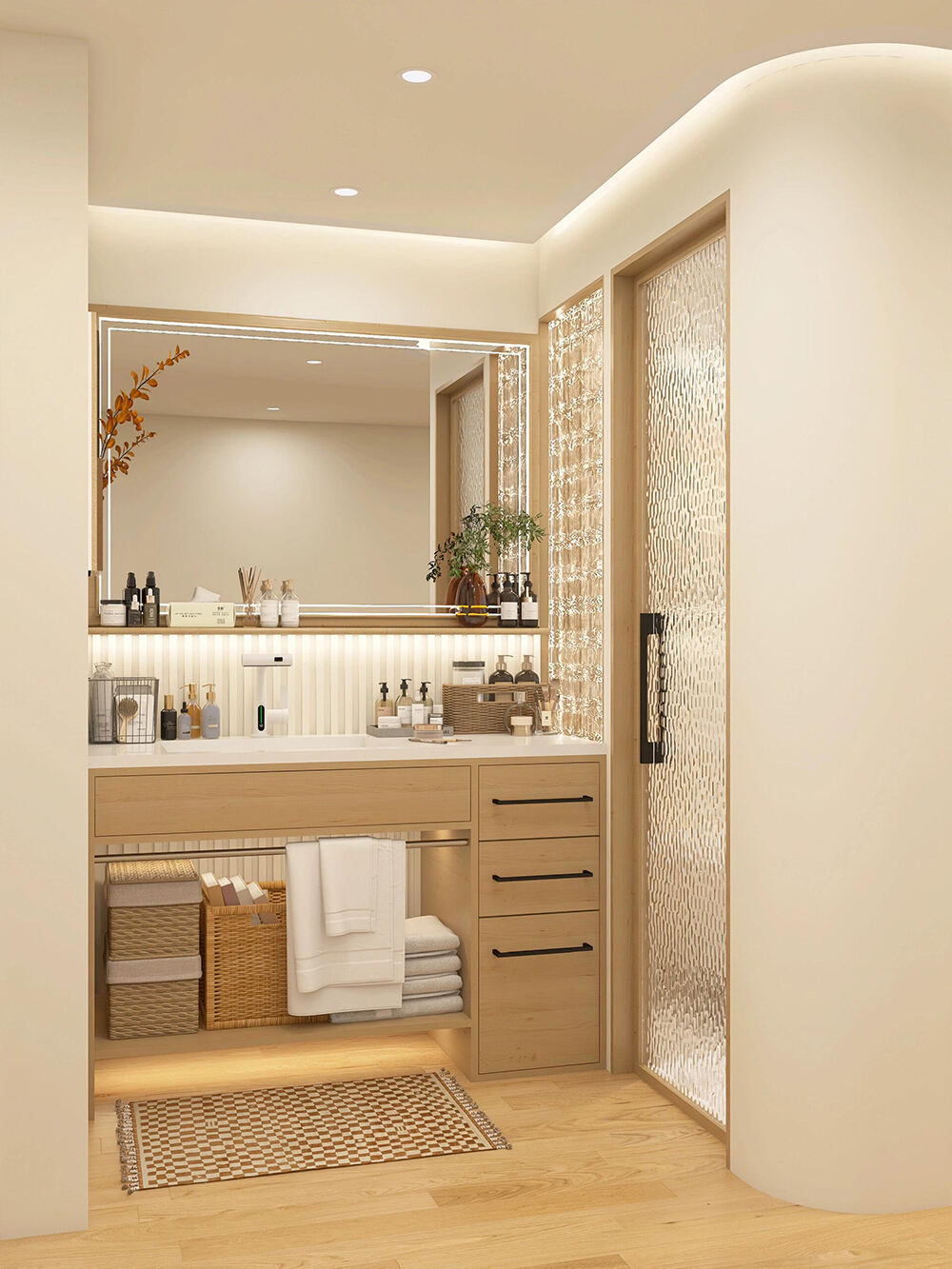 Modern Bathroom Vanity with Wet - Dry Separation Design, Wood - Toned Cabinets, LED - Lit Mirror, and Ample Storage for a Tidy Bathroom Space