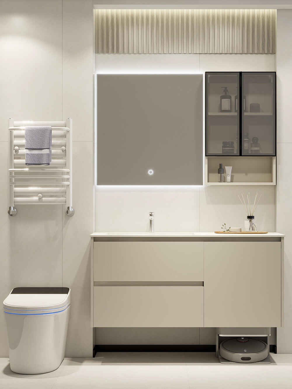 Modern Beige Bathroom Vanity with LED - Lit Mirror, Frosted Glass Cabinet, and Hidden Storage for a Sleek Bathroom Space