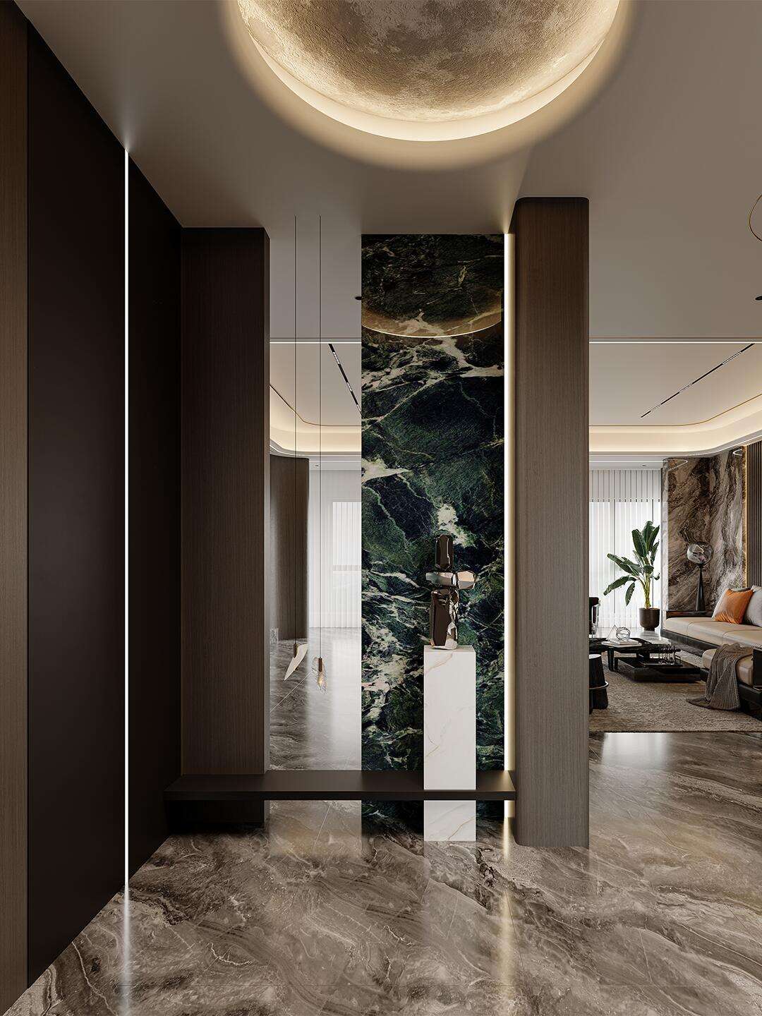 Perabot Kustom Rumah Penuh Bertone Gelap, Aksen Marmar & Logam, dan Integrasi Ruang Tanpa Sambungan untuk Rumah Bandar Mewah