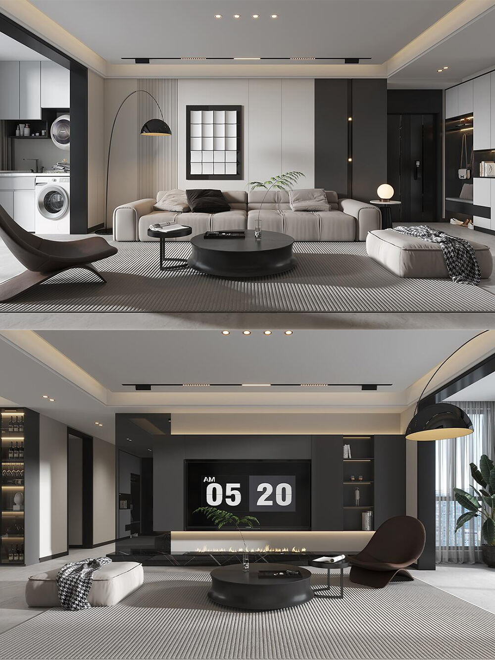 Modern Whole House Custom Furniture with Black & Neutral Tones, Minimalist Shapes, and Seamless Space Integration for a Stylish Urban Home