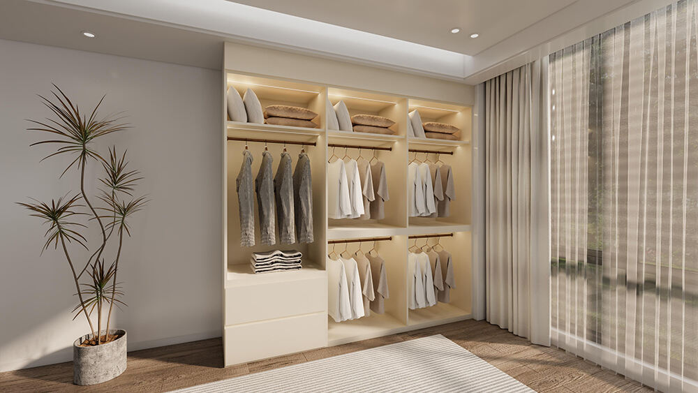 Custom - Made Beige Wardrobe with Multi - Sectional Design, Built - in LED Lighting, and Seamless Integration for a Bright Bedroom Space