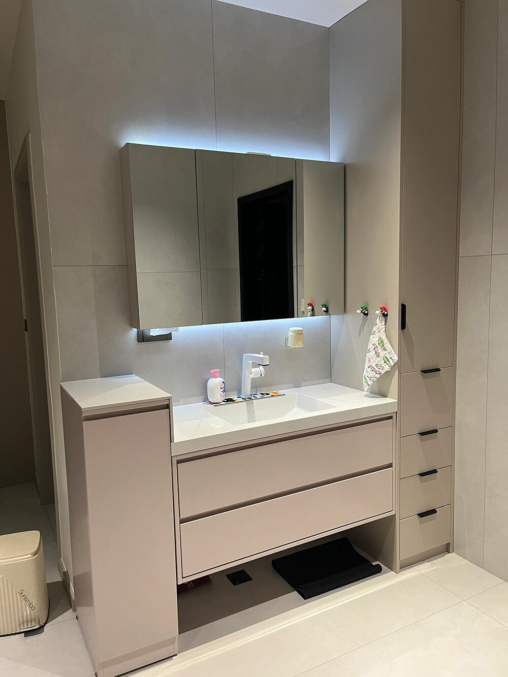 Modern Light Beige Bathroom Vanity with Multi - Layered Storage, Functional Organizers, and LED - Lit Mirror for a Tidy Bathroom Space