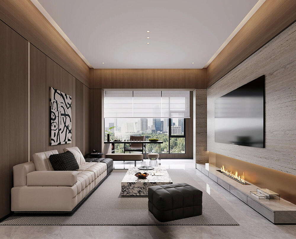 Luxury Whole House Custom Furniture with Wood & Neutral Tones, Marble Accents, and Seamless Space Integration for a Sophisticated Urban Home