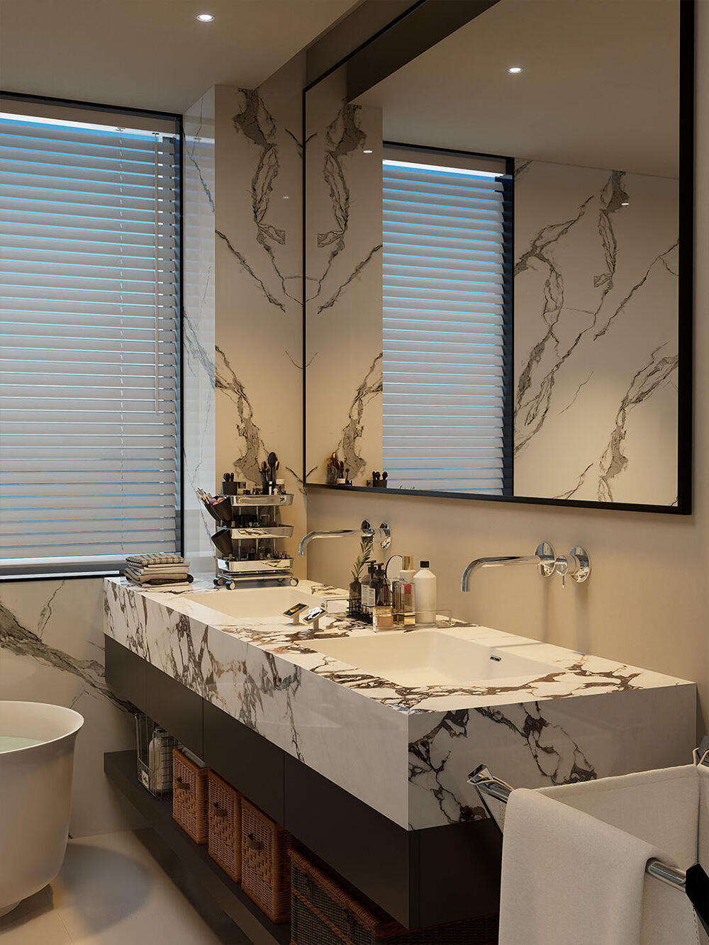 Makalangit na Bathroom Vanity na may Marmol - May Disenyo na Countertop, Madilim na Cabinet, at Magkakaspasyong Drawer para sa Mataas na Antas na Espasyo sa Banyo