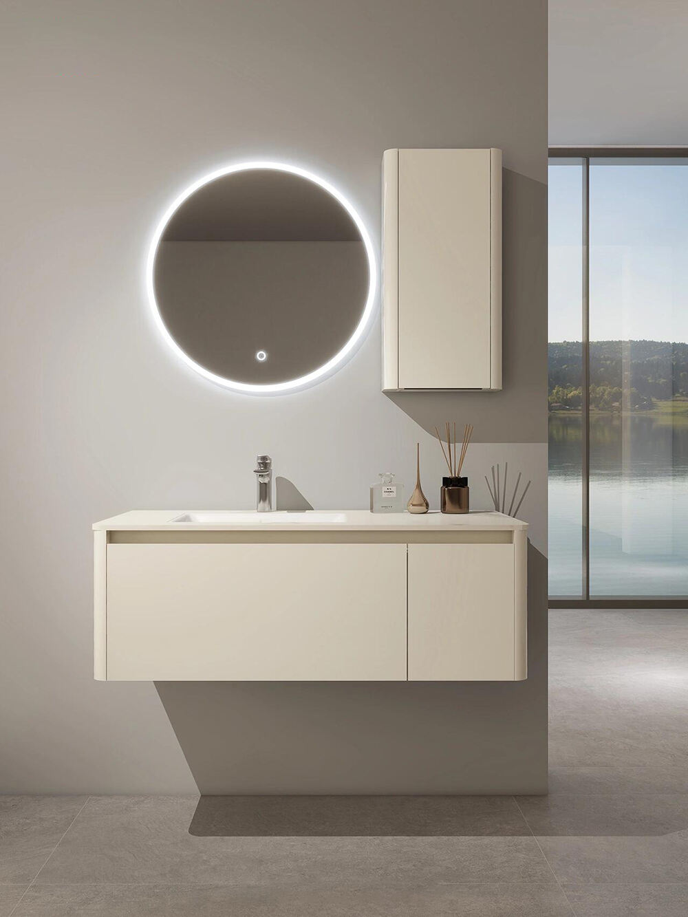 Modern White Bathroom Vanity with LED - Lit Circular Mirror, Glossy Storage Cabinet, and Organized Drawer for a Sleek Bathroom Space