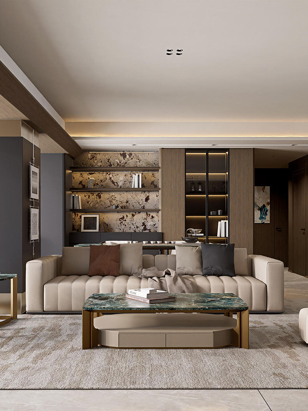 Luxury Whole House Custom Furniture with Neutral Tones, Marble & Metal Accents, and Seamless Space Integration for a Sophisticated Home