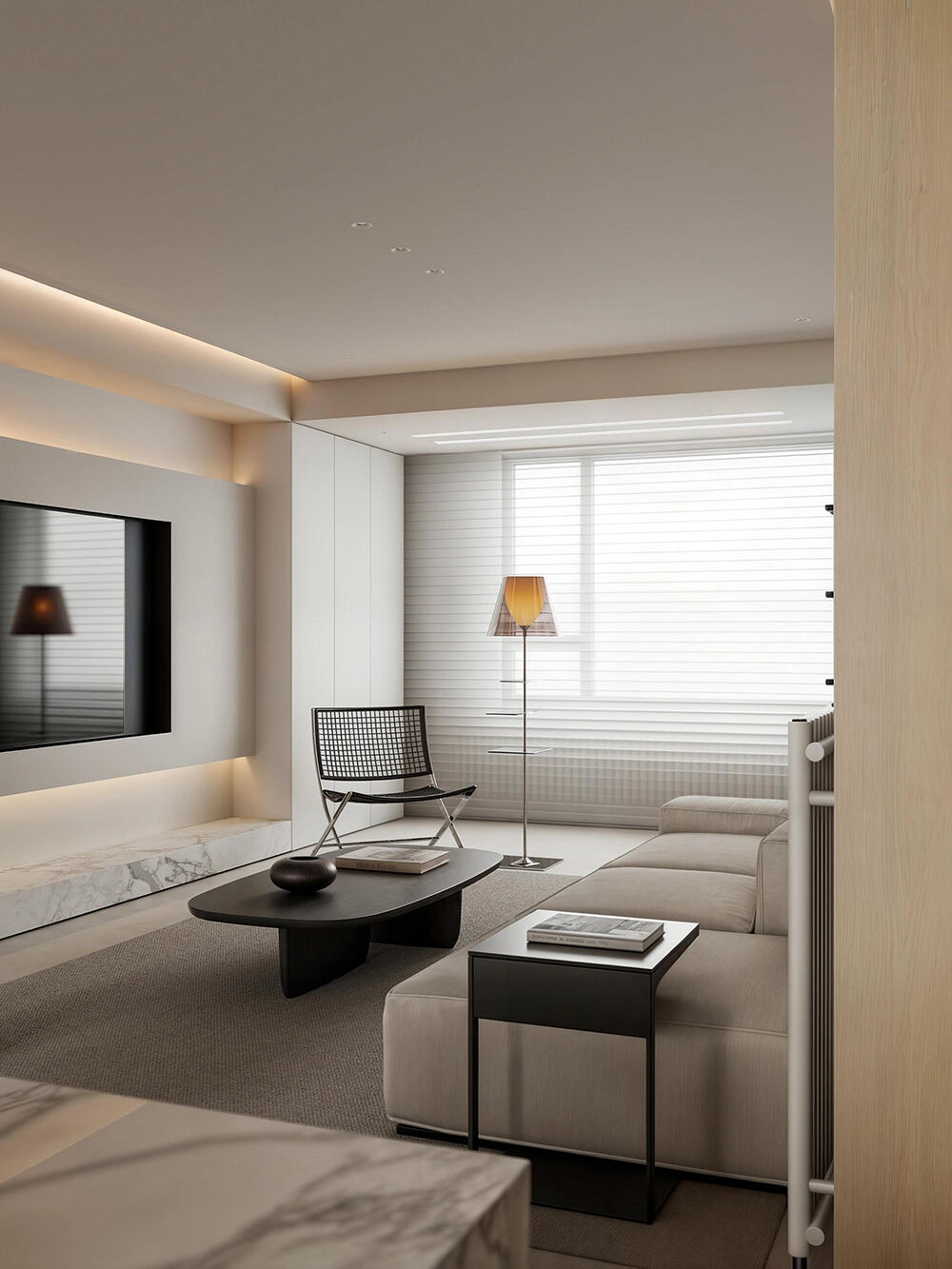 Minimalist Whole House Custom Furniture with Neutral Tones, Marble & Wood Accents, and Seamless Space Integration for a Modern Home