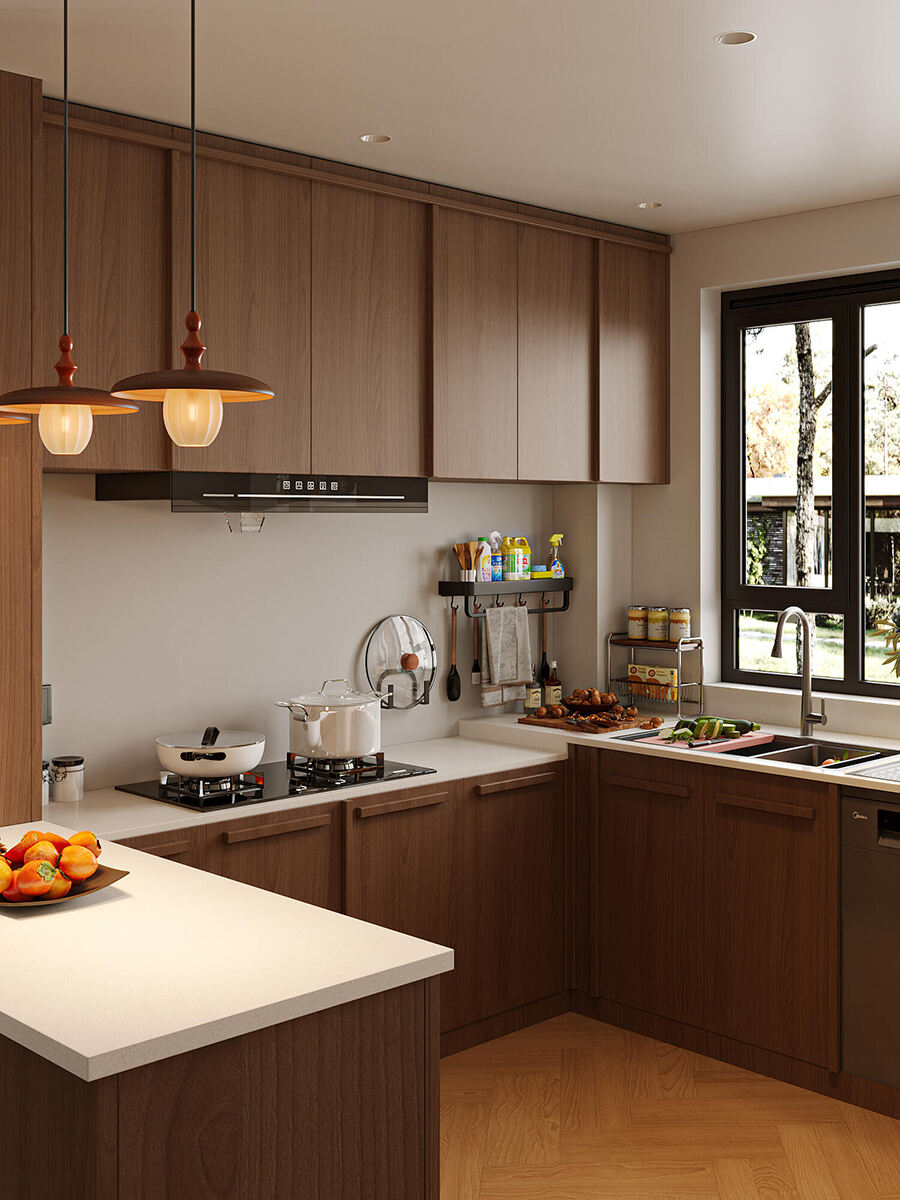 Wood - Toned Modern Kitchen Cabinet Set with Island