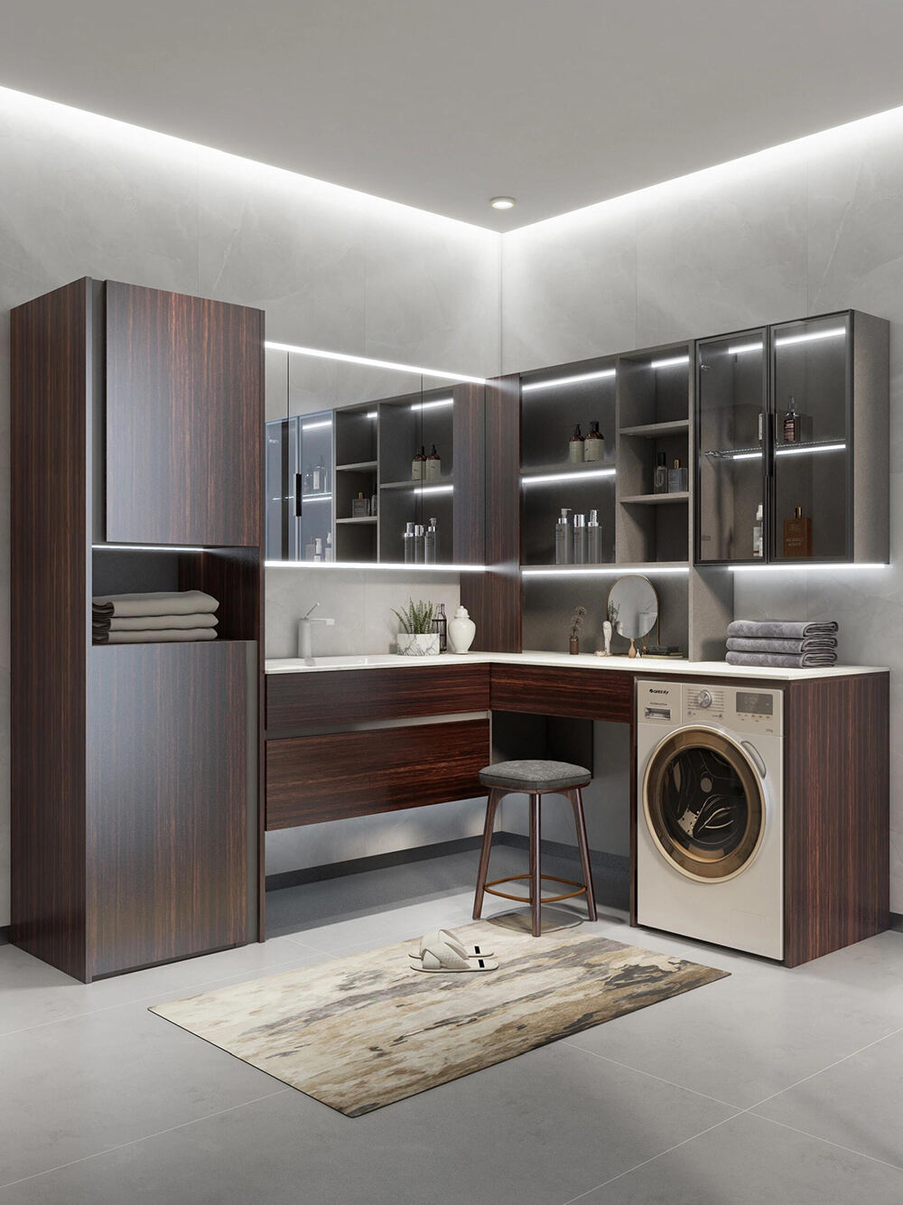 Modern Dark Wood - Toned Balcony Laundry Cabinet with Integrated Sink, Washing Machine Niche, and LED - Lit Storage for a Tidy Balcony Space