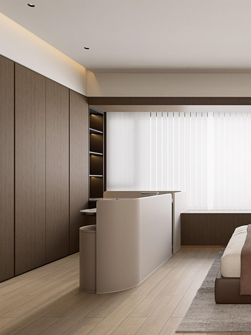 Modern Wardrobe with Wood - Toned Finish, Integrated Lighting, and Curved Shapes for a Sophisticated Bedroom Space