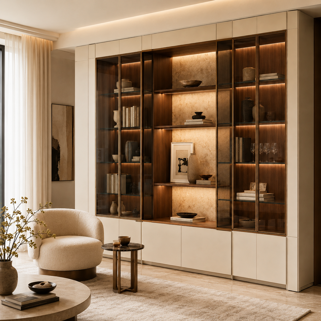 Warm Ivory Walnut Glass Display Cabinet