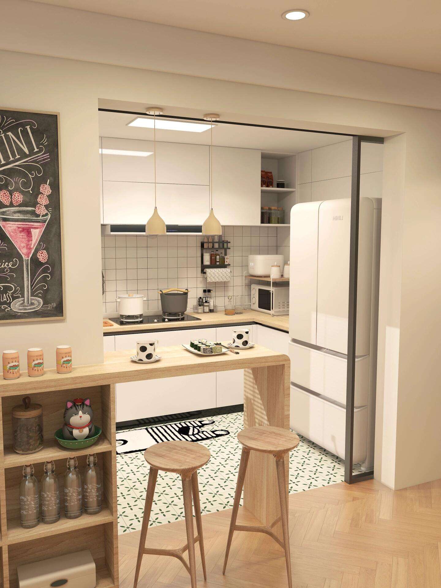 Modern Minimalist Kitchen Cabinets with White Finish, Light Wood Accents, and Open Shelving for a Bright and Organized Cooking Space