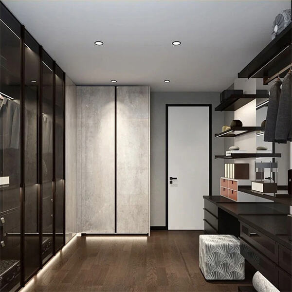 What materials are commonly used for walk-in wardrobe shelves?