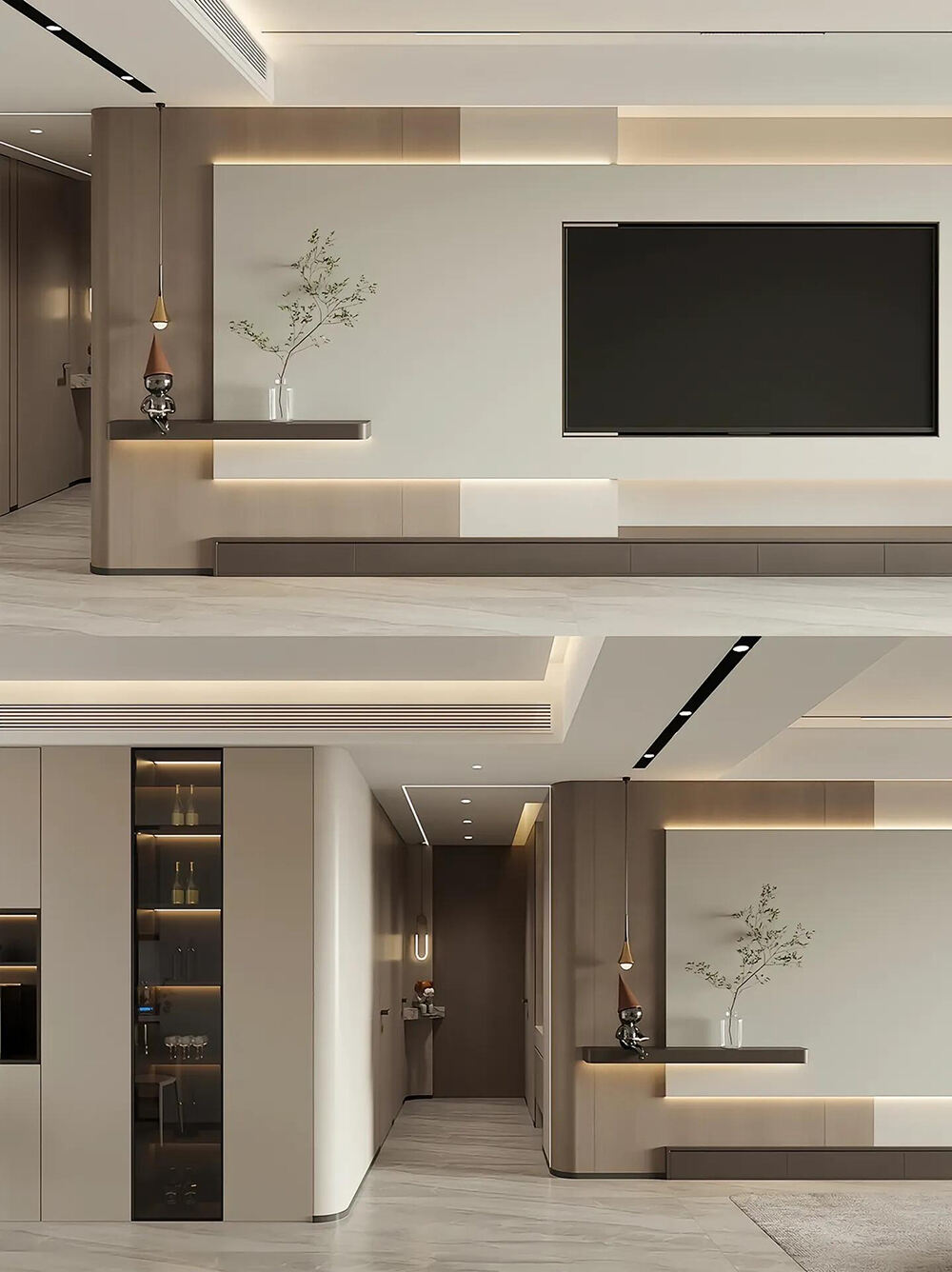 Minimalist Whole House Custom Furniture with Neutral Tones, Curved Shapes, and Seamless Space Integration for a Modern Elegant Home