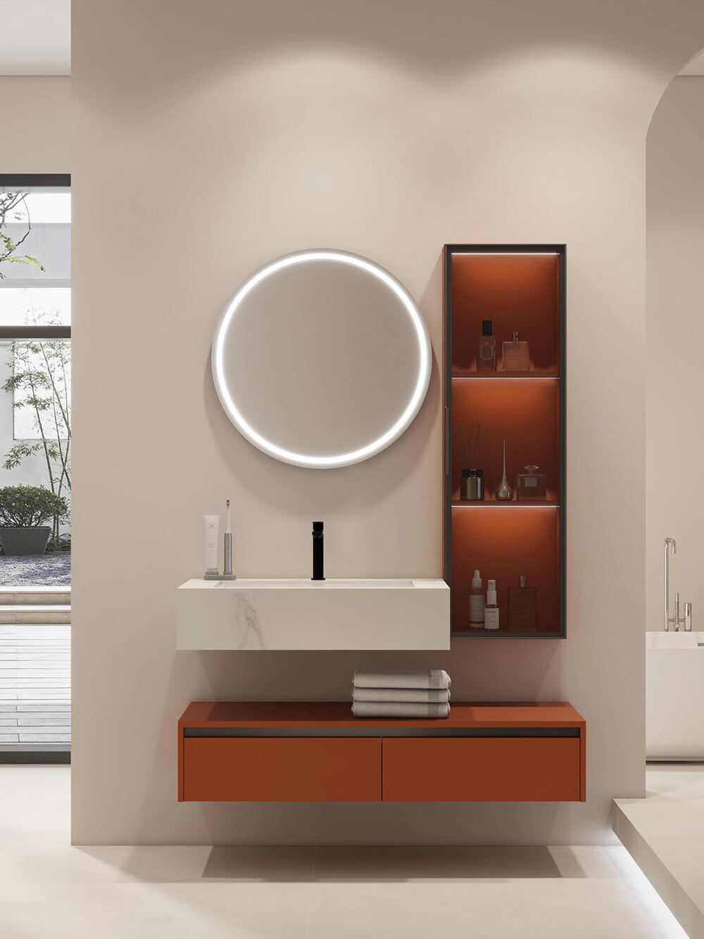 Modern Orange Bathroom Vanity Set with LED - Lit Glass Cabinet, Circular Illuminated Mirror, and Marble - Like Sink for a Stylish Bathroom Space