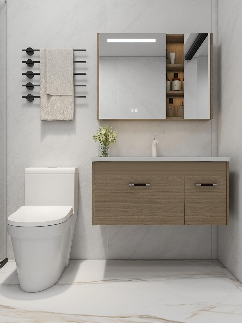 Modern Light Wood Bathroom Vanity with Integrated LED Mirror Cabinets and Ample Storage for a Sleek Bathroom Space