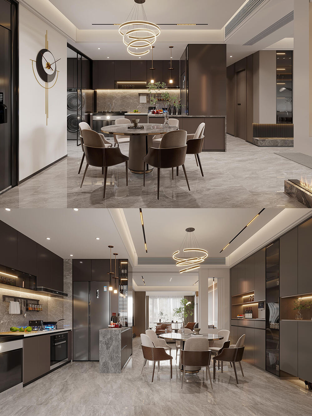 Cocina y comedor de concepto abierto moderno con elegantes armarios oscuros, detalles en mármol e iluminación integrada para interiores de hogar lujosos