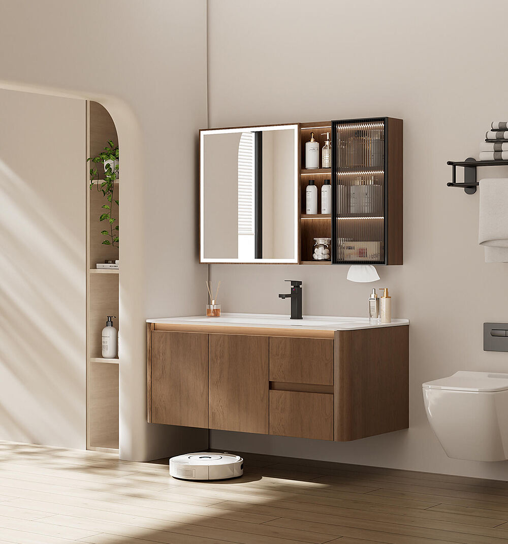 Modern Wood - Toned Bathroom Vanity with LED - Lit Smart Mirror, Multi - Storage Cabinets, and Open Shelving for a Cozy Bathroom Space