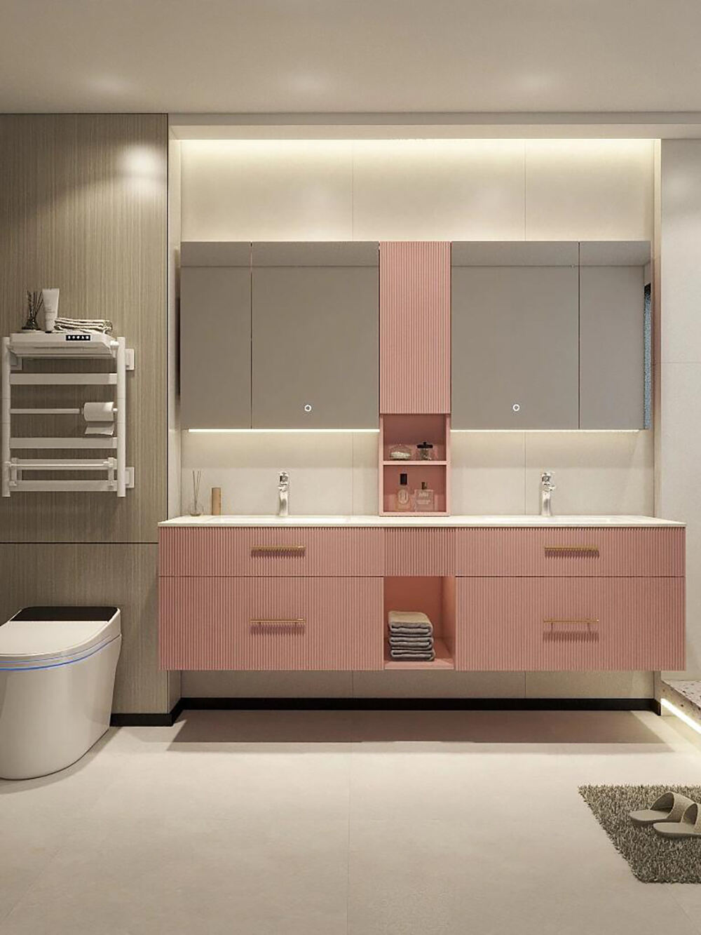 Modern Pink Bathroom Vanity with Textured Finish, Double Sink, and Integrated Mirror Cabinets for a Stylish Bathroom Space