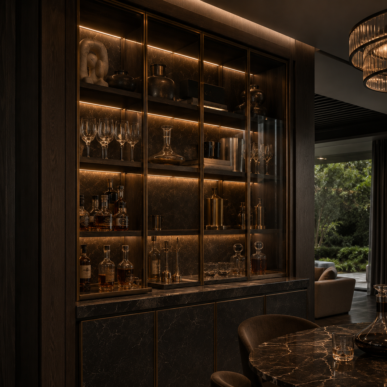Dark Walnut, Bronze Frame & Warm LED Display Storage for Premium Villa Interiors