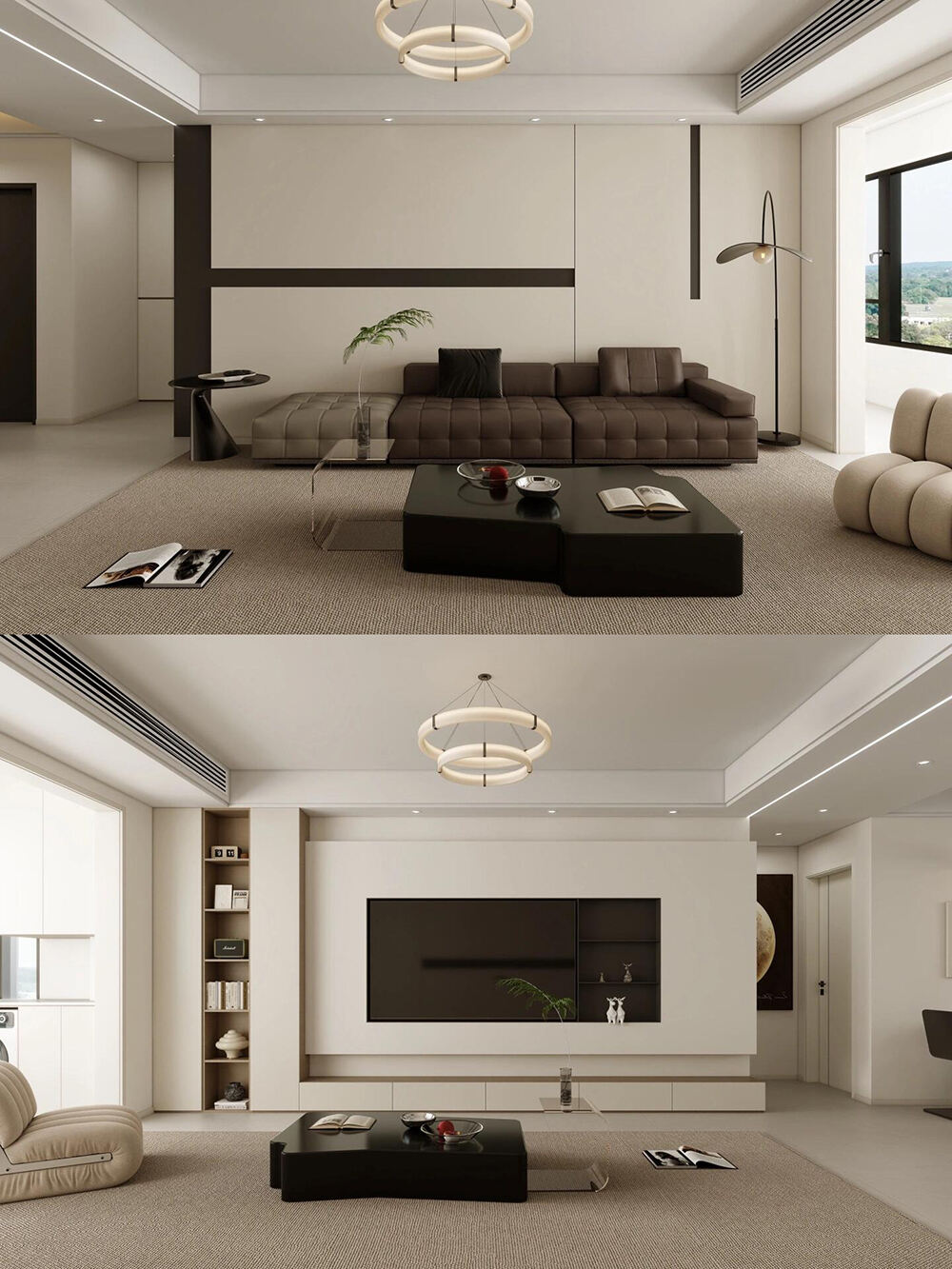 Modern Whole House Custom Furniture with Neutral Tones, Leather & Wood Accents, and Seamless Space Integration for a Stylish Urban Home