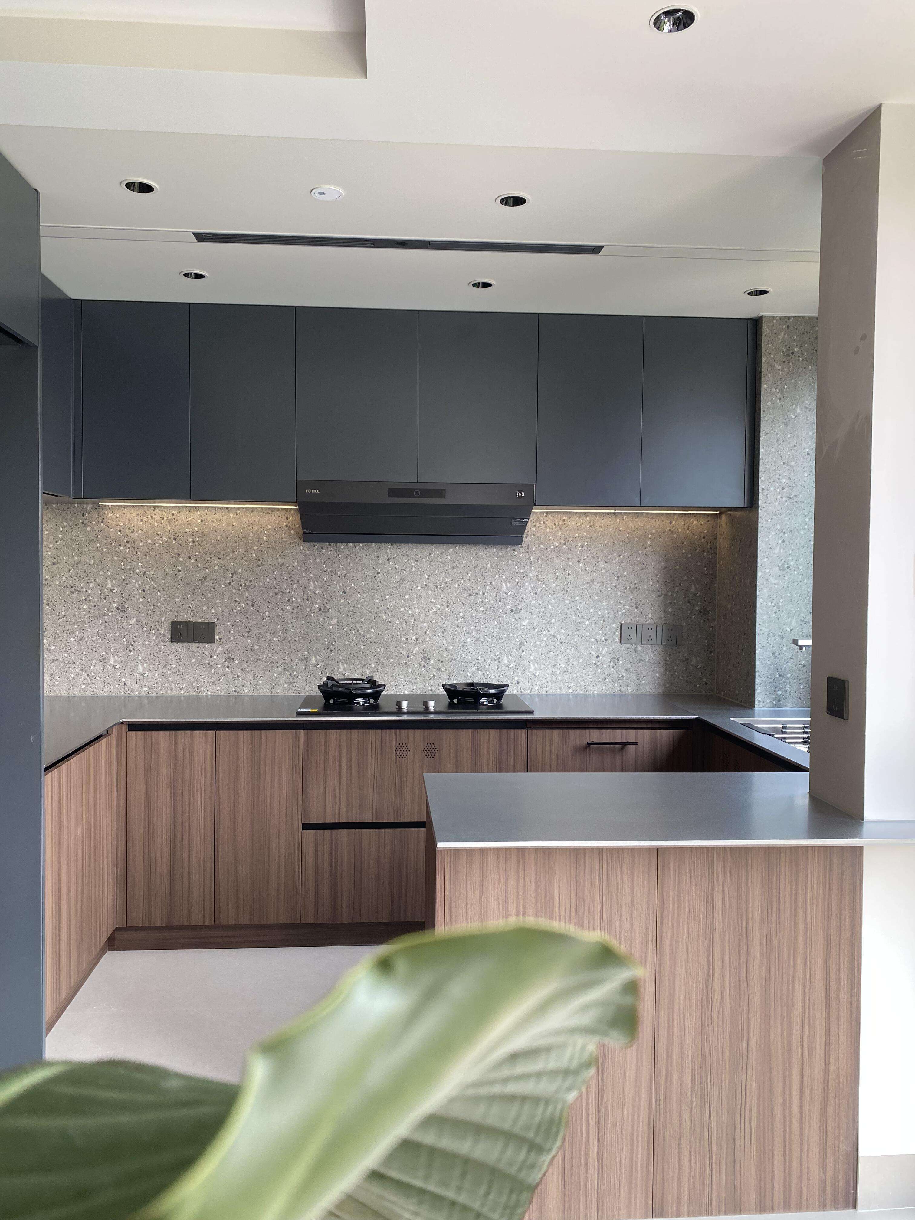 Modern Kitchen with Stainless Steel Cabinets Featuring Wood Grain Accents, Neutral Color Palette, and Sleek Shapes for Stylish Home Cooking Spaces