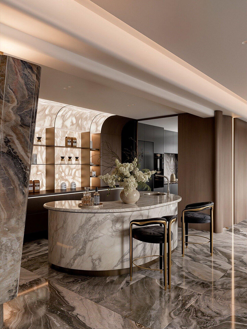 Perabot Kustom Rumah Penuh Bertone Tinggi dengan Aksen Marmar & Logam Mewah, Bentuk Melengkung, dan Integrasi Ruang Tanpa Sambungan untuk Rumah Bandar Canggih