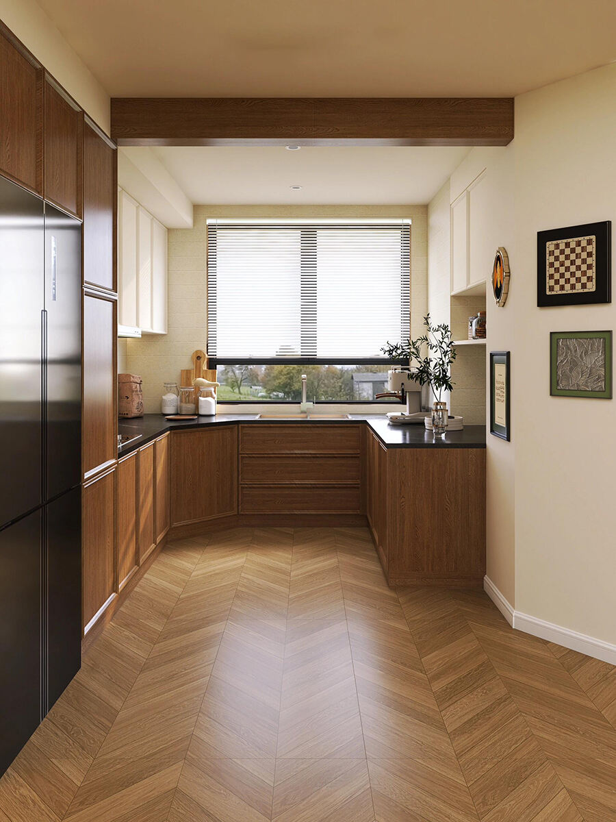 Mid - Century Modern Kitchen Cabinet Set with Wood & Neutral Tones