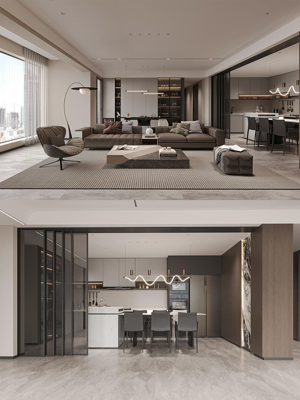 High - End Whole House Custom Furniture with Neutral Tones, Leather & Wood Accents, and Seamless Space Integration for a Luxury Urban Home