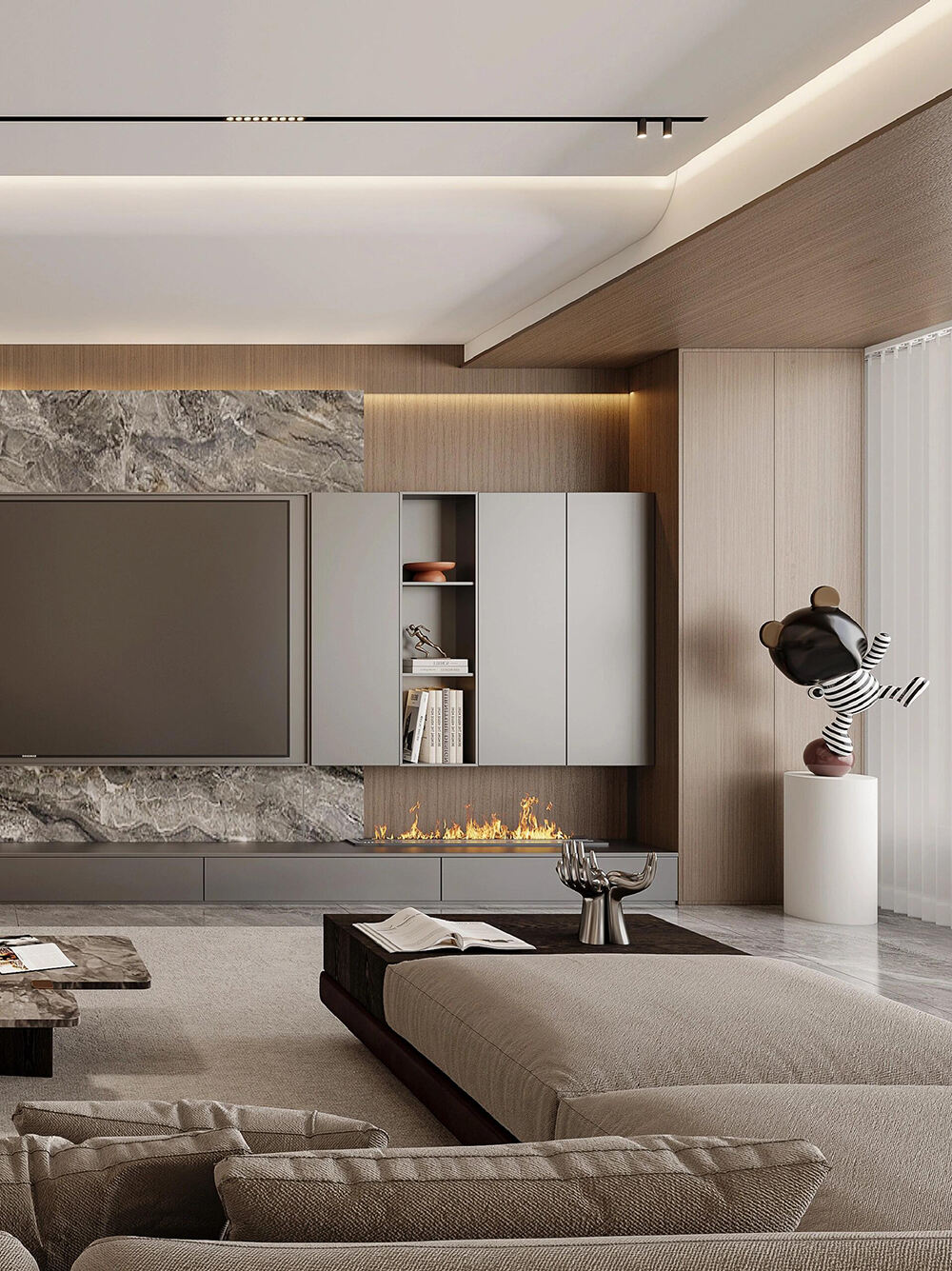 Perabot Kustom Rumah Penuh Mewah dengan Tone Neutral, Aksen Marmar & Kayu, dan Integrasi Ruang Tanpa Sambungan untuk Rumah Canggih