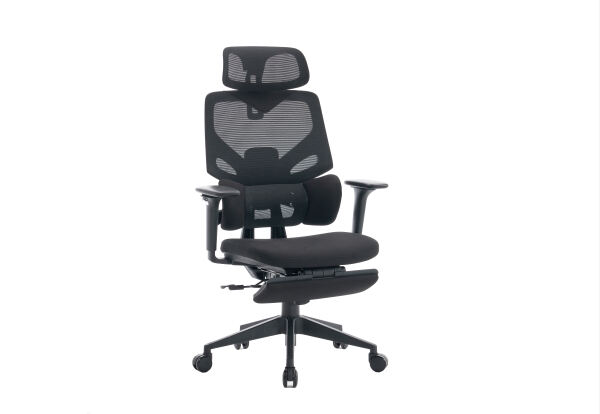 Mistrz ergonomicznego fotela obrotowego - wysokie oparcie fotela biurowego siatka z wsparciem lędźwiowym i podpórką dla nóg
