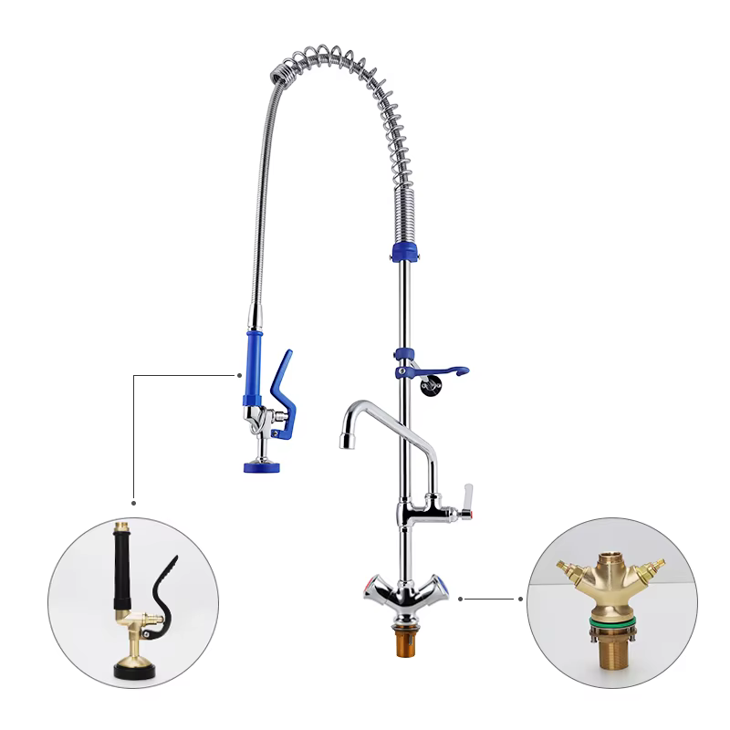 Commercial Dual Handle Pull Pre Rinse Deck Mounted Faucet Adjustable Height EasyInstall Handwheels Options Kitchen Sink Single